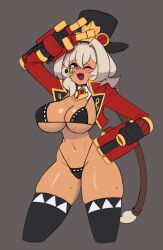 Rule 34 | 1girl, :d, absurdres, arms up, black bra, black hat, black panties, black thighhighs, blush, bra, breasts, cosmic break, cowboy shot, cropped jacket, dark-skinned female, dark skin, detached collar, doce, fang, female focus, flareleon, grey background, hair between eyes, half-closed eyes, hand on own hip, hat, highres, jacket, looking at viewer, mechanical arms, monocle, navel, one eye closed, open clothes, open jacket, open mouth, panties, red eyes, red jacket, simple background, skin fang, smile, solo, sweat, thighhighs, thighs, top hat, underwear, v, white hair, wink