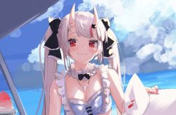 Rule 34 | 1girl, :3, alternate hairstyle, beach, bikini, breasts, cloud, fang, hair between eyes, hair ribbon, hololive, horns, looking at viewer, nakiri ayame, nakiri ayame (hololive summer 2019), namaonpa, red eyes, ribbon, silver hair, skin-covered horns, sky, small breasts, solo, swimsuit, twintails, virtual youtuber