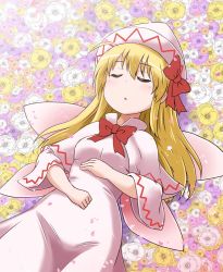 Rule 34 | 1girl, blonde hair, bow, breasts, capelet, closed eyes, dress, fairy wings, flower, hair bow, hand on own stomach, hat, kousei (public planet), lily white, long hair, medium breasts, parted lips, sleeping, straight hair, tight clothes, tight dress, touhou, wide sleeves, wings