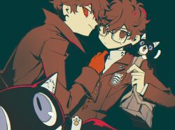Rule 34 | 2boys, amamiya ren, bag, bbbbbaasos, black background, black cat, black hair, black jacket, blue eyes, cat, closed mouth, coat, dual persona, glasses, gloves, hand on another&#039;s shoulder, highres, jacket, long sleeves, looking at viewer, male focus, morgana (persona 5), multiple boys, open mouth, persona, persona 5, red eyes, red gloves, school bag, school uniform, shuujin academy school uniform, simple background, sweat, upper body
