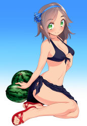 Rule 34 | 10s, 1girl, alternate costume, bare legs, bikini, bikini pull, black bikini, blew andwhite, blush, breasts, cleavage, clothes pull, fang, food, front-tie top, fruit, full body, green eyes, grey hair, groin, hair ornament, hairband, hairclip, hand on own chest, highres, kantai collection, kuroshio (kancolle), legs together, medium breasts, navel, open mouth, parted bangs, pulled by self, purple bikini, red footwear, sandals, sarong, shoes, short hair, simple background, sitting, smile, solo, swimsuit, tan, tanline, watermelon, white background, yokozuwari