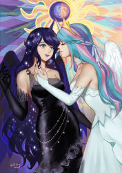 Rule 34 | 2girls, absurdres, aqua eyes, bare shoulders, belly chain, black dress, black gloves, black vs white, black wings, blue hair, blue lips, bridal gauntlets, celestia (my little pony), choker, crescent, dated, dress, eclipse, elbow gloves, eyelashes, eyeshadow, gloves, green hair, highres, horns, imminent kiss, jewelry, lipstick, long hair, looking at another, luna (my little pony), makeup, momori, moon, multicolored hair, multiple girls, my little pony, my little pony: friendship is magic, parted lips, personification, pink hair, pink lips, purple hair, siblings, single horn, sisters, smile, sparkle, sun, very long hair, white dress, white wings, wings