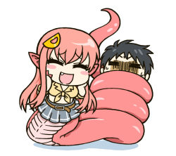 Rule 34 | 10s, 1boy, 1girl, :d, black hair, blush stickers, chibi, coiled, closed eyes, fang, hair ornament, hairclip, hands on own cheeks, hands on own face, iriomote, kurusu kimihito, lamia, long hair, miia (monster musume), monster girl, monster musume no iru nichijou, open mouth, pointy ears, red hair, shirt, short hair, simple background, smile, snake bondage, sweat, tied shirt, white background