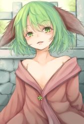 Rule 34 | 1girl, animal ears, bare shoulders, blush, collarbone, commentary request, dress, fangs, flat chest, green eyes, green hair, hair between eyes, kasodani kyouko, long sleeves, looking at viewer, neko mata, off shoulder, outdoors, parted lips, pink dress, short hair, solo, touhou, upper body