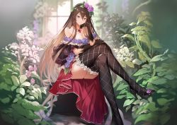 Rule 34 | 1girl, bare shoulders, black gloves, black thighhighs, blush, breasts, brown hair, cleavage, closed mouth, collar, commentary request, crossed legs, dress, flower, garter straps, gloves, granblue fantasy, hair ornament, high heels, large breasts, lips, long hair, looking at viewer, nr noir, purple eyes, rosetta (granblue fantasy), simple background, sitting, smile, solo, strapless, strapless dress, thighhighs, thighs