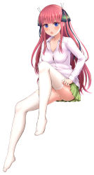 Rule 34 | 1girl, :o, absurdres, ass, black ribbon, blunt bangs, blush, bra, bra peek, breasts, butterfly hair ornament, button gap, collarbone, collared shirt, commentary request, convenient leg, dressing, eyebrows hidden by hair, full body, go-toubun no hanayome, green skirt, hair ornament, hair ribbon, highres, inanaki shiki, knee up, large breasts, long hair, long sleeves, looking at viewer, nakano nino, pink hair, pleated skirt, ribbon, shirt, sidelocks, simple background, sitting, skirt, solo, thighhighs, two side up, underwear, white background, white shirt, white thighhighs, zettai ryouiki