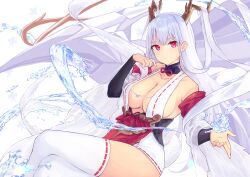 Rule 34 | 1girl, arm warmers, azur lane, breasts, cleavage, crossed legs, dragon girl, dragon horns, dragon tail, hair on horn, hand up, highres, horns, japanese clothes, large breasts, long hair, red eyes, revealing clothes, shimanto (azur lane), sideboob, solo, tail, thighhighs, umiya mizuki, water, white tail, white thighhighs