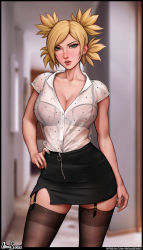 Rule 34 | 1girl, absurdres, aroma sensei, black bra, black skirt, black thighhighs, blonde hair, blue nails, blurry, blurry background, bra, bra visible through clothes, breasts, cleavage, clothing cutout, commentary, depth of field, dress shirt, ear piercing, earrings, english commentary, garter straps, hair bun, hand on own hip, highres, indoors, jewelry, large breasts, lingerie, lipstick, looking at viewer, makeup, nail polish, naruto, naruto (series), naruto shippuuden, open mouth, parted bangs, pencil skirt, piercing, red lips, see-through, see-through shirt, shirt, short sleeves, side cutout, single hair bun, skirt, solo, standing, temari (naruto), textless version, thick lips, thighhighs, underwear, zettai ryouiki, zipper