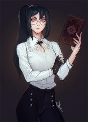 Rule 34 | 1girl, black gloves, black hair, black pants, blouse, book, borrowed character, brooch, brown background, closed mouth, collared shirt, cowboy shot, distr, fingerless gloves, freckles, glasses, gloves, highres, holding, holding book, jewelry, long sleeves, looking at viewer, orange eyes, original, pants, ponytail, round eyewear, shirt, signature, simple background, single glove, solo, white shirt, wing collar