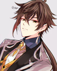 Rule 34 | 1boy, bad id, bad pixiv id, black hair, brown hair, closed mouth, collared shirt, earrings, formal, genshin impact, grey background, hair between eyes, jacket, jewelry, long hair, looking at viewer, male focus, multicolored hair, naho (pi988y), ponytail, shirt, signature, simple background, single earring, solo, tassel, tassel earrings, yellow eyes, zhongli (genshin impact)