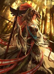 Rule 34 | 1girl, absurdres, armor, breasts, brown hair, cleavage, dappled sunlight, feathers, forest, from below, headdress, headgear, highres, jewelry, matsuo shogo, nature, necklace, original, purple eyes, solo, staff, sunlight, tattoo, tree, tribal, tribal tattoo, weapon, wristband