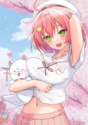 Rule 34 | 1girl, 35p (sakura miko), ahoge, arm up, armpits, beret, blush, breasts, cat hair ornament, green eyes, hair ornament, hat, heart, highres, hololive, large breasts, looking at viewer, navel, open mouth, pink hair, pink skirt, sakura miko, sakura miko (school uniform), shirt, skirt, smile, teeth, upper teeth only, virtual youtuber, white headwear, white shirt, z.m. (zimin)