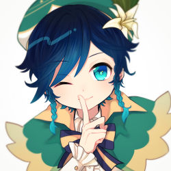Rule 34 | 1boy, androgynous, beret, black hair, blue eyes, blue hair, bow, braid, cape, closed mouth, collared cape, collared shirt, finger to mouth, flower, frilled sleeves, frills, genshin impact, gradient hair, green eyes, green hat, hat, hat flower, hatake (hatanosuke), highres, leaf, long sleeves, looking at viewer, male focus, multicolored hair, one eye closed, shirt, short hair with long locks, shushing, simple background, smile, solo, twin braids, venti (genshin impact), white background, white flower, white shirt