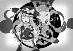 Rule 34 | 1girl, apron, blouse, bow, commentary request, cookie (touhou), cowboy shot, fox eyes, frilled apron, frills, greyscale, hat, hat bow, inverted colors, kirisame marisa, long hair, looking at viewer, monochrome, niconico id, odennoden, open mouth, out of step (vocaloid), puffy short sleeves, puffy sleeves, rotational symmetry, shirt, short sleeves, skirt, star (symbol), suzu (cookie), teeth, touhou, upper teeth only, vest, vocaloid, waist apron, witch hat