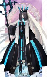 Rule 34 | 1girl, absurdres, black dress, black gloves, blonde hair, blue dress, blue eyes, blue ribbon, breasts, chalice, choker, cloud, cloudy sky, crown, cup, diamond (shape), dress, fate/grand order, fate (series), gem, gloves, gold trim, grey hair, highres, holding, large breasts, long dress, long hair, long sleeves, looking at viewer, morgan le fay (fate), morgan le fay (queen of winter) (fate), ninjin (ne f g o), ornament, ribbon, simple background, sky, smile, solo, tarot, the magician (tarot), very long hair, white ribbon
