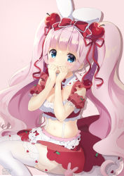 Rule 34 | 1girl, absurdres, animal ears, apple, apple hair ornament, apron, blue eyes, blunt bangs, blush, bow, breasts, cleavage, closed mouth, commentary request, crop top, detached sleeves, feet out of frame, food, food-themed hair ornament, fruit, hair bow, hair ornament, hair ribbon, hands up, highres, long hair, looking at viewer, medium breasts, midriff, navel, neki (wakiko), original, pink background, pink hair, puffy short sleeves, puffy sleeves, rabbit ears, red apple, red bow, red ribbon, red shirt, red skirt, ribbon, see-through, see-through sleeves, shirt, short sleeves, simple background, skirt, smile, solo, thighhighs, twintails, very long hair, waist apron, white apron, white thighhighs