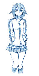 Rule 34 | 10s, 1girl, bbb (friskuser), blue theme, hair between eyes, hands in pockets, hayasui (kancolle), highres, jacket, kantai collection, kneehighs, long sleeves, looking at viewer, md5 mismatch, miniskirt, monochrome, pleated skirt, short hair, simple background, skirt, smile, socks, solo, track jacket, turtleneck, white background, zipper