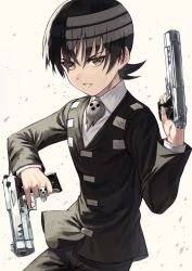 Rule 34 | 1boy, black hair, black jacket, black pants, brown eyes, collared shirt, commentary request, contrapposto, death the kid, dual wielding, fagi (kakikaki), gun, hand up, handgun, holding, holding gun, holding weapon, jacket, jewelry, long sleeves, looking at viewer, male focus, multicolored hair, pants, parted lips, pistol, resolution mismatch, ring, shirt, short hair, simple background, solo, soul eater, source larger, trigger discipline, two-tone hair, weapon, white background, white shirt