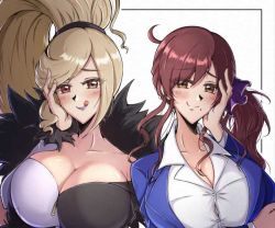 Rule 34 | 2girls, blonde hair, breasts, cleavage, hilda (under night in-birth), large breasts, licking lips, looking at viewer, multiple girls, naughty face, noel (tsukihime), ponii, red hair, smile, tongue, tongue out, tsukihime, under night in-birth