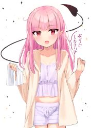 Rule 34 | 1girl, blush, brown jacket, camisole, collarbone, commentary request, crop top, demon tail, fang, hands up, highres, holding, holding towel, jacket, long hair, long sleeves, looking at viewer, midriff, nail polish, open clothes, open jacket, open mouth, original, pink hair, pointy ears, purple camisole, purple nails, purple shorts, red eyes, revision, short shorts, shorts, solo, sparkle, striped clothes, striped shorts, tail, tail raised, towel, translation request, tsukiman, wide sleeves