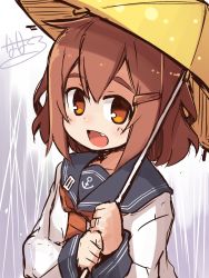 Rule 34 | 10s, 1girl, anchor symbol, brown eyes, brown hair, commentary request, fang, gradient background, hair ornament, hairclip, highres, ikazuchi (kancolle), jewelry, kantai collection, long sleeves, looking at viewer, nanateru, neckerchief, open mouth, rain, ring, school uniform, serafuku, short hair, solo, umbrella