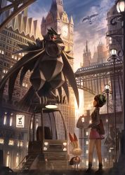 Rule 34 | 1girl, absurdres, backpack, bag, blue sky, bob cut, brown eyes, brown hair, cardigan, city, clock, clock tower, commentary, corviknight, creatures (company), day, dress, elizabeth tower, flyaspring4, from side, full body, game freak, gen 8 pokemon, gloria (pokemon), green headwear, grey cardigan, hat, highres, long sleeves, looking at another, nintendo, outdoors, parted lips, pink dress, pokemon, pokemon (creature), pokemon swsh, rabbit, red eyes, scorbunny, short hair, sketch, sky, smile, standing, tam o&#039; shanter, tower