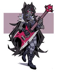 Rule 34 | 1girl, absurdres, animal ears, axe guitar, belt boots, belt collar, black hair, black nails, black skin, boots, bracelet, breasts, claws, cleavage, collar, colored skin, dark-skinned female, dark skin, electric guitar, fingerless gloves, fingernails, furry, furry female, gloves, guitar, hair ornament, hairclip, highres, holding, holding instrument, instrument, jewelry, long hair, looking at viewer, nail polish, original, pantyhose, red eyes, signature, small breasts, solo, spiked bracelet, spiked collar, spiked gloves, spikes, standing, striped clothes, striped pantyhose, sui (suizilla), very long hair, walking