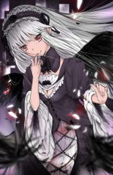Rule 34 | 1girl, breasts, cleavage cutout, clothing cutout, dress, hairband, highres, long hair, red eyes, rozen maiden, silver hair, smile, solo, suigintou, wings