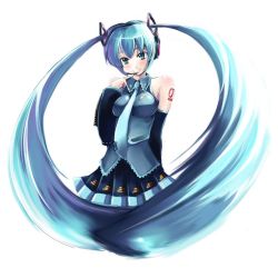 Rule 34 | 1girl, bare shoulders, blue eyes, blue hair, circle, detached sleeves, finger to mouth, gin&#039;ichi (akacia), ginichi, hatsune miku, headset, long hair, matching hair/eyes, necktie, simple background, smile, solo, twintails, very long hair, vocaloid