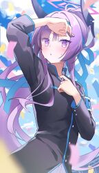 Rule 34 | 1girl, absurdres, black jacket, blue archive, blue headband, blush, confetti, headband, highres, jacket, long hair, long sleeves, looking at viewer, matsushika, ouendan, outdoors, parted lips, ponytail, purple eyes, purple hair, solo, sweat, upper body, utaha (blue archive), utaha (cheer squad) (blue archive), wiping sweat