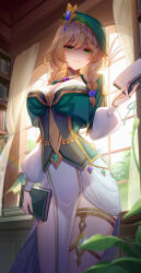 Rule 34 | 1girl, absurdres, artist name, backlighting, blue gemstone, book, bookshelf, braid, breasts, brown hair, curtains, gem, genshin impact, green eyes, green hat, hair over shoulder, hat, highres, holding, holding book, indoors, jewelry, large breasts, lightria, lisa (a sobriquet under shade) (genshin impact), lisa (genshin impact), long sleeves, medium hair, neck ring, necklace, open book, parted lips, pelvic curtain, plant, puffy long sleeves, puffy sleeves, sidelocks, skirt, smile, solo, thighlet, thighs, twin braids, twitter username, vision (genshin impact), white skirt, window