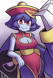 Rule 34 | 1girl, blue skin, breasts, capcom, claws, cleavage, cleavage cutout, clothing cutout, colored skin, hat, lei lei, red eyes, short hair, smile, solo, tagme, vampire (game), vincent (hiyakuen)