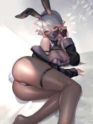 Rule 34 | 1girl, absurdres, animal ears, ass, bare shoulders, black-framed eyewear, black bow, black bowtie, black gloves, black hairband, black jacket, black leotard, blush, bow, bowtie, breasts, brown pantyhose, cleavage, covered mouth, earrings, elf, fake animal ears, fake tail, feet out of frame, fingerless gloves, glasses, gloves, grey hair, hair between eyes, hairband, hand up, heart, heart earrings, highres, hitowa, jacket, jewelry, large breasts, leotard, light blush, long hair, long sleeves, looking at viewer, lying, mask, mole, mole under mouth, mouth mask, on side, open clothes, open jacket, original, pantyhose, playboy bunny, pointy ears, rabbit ears, rabbit tail, red eyes, see-through, see-through cleavage, solo, strapless, strapless leotard, tail, thigh strap, very long hair