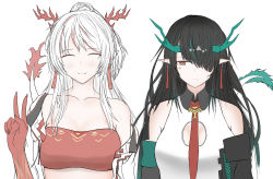 Rule 34 | 2girls, ^ ^, absurdres, anger vein, arknights, bandeau, bare shoulders, black hair, breasts, brown eyes, cleavage, closed eyes, commentary, dress, dusk (arknights), facing viewer, green hair, hair over one eye, hand up, highres, horns, jacket, long hair, looking at another, midriff, multicolored hair, multiple girls, nian (arknights), off shoulder, open clothes, open jacket, pointy ears, red hair, red neckwear, silver hair, simple background, sleeveless, sleeveless dress, smile, strapless, streaked hair, tube top, upper body, v, white background, white dress, white jacket, woon