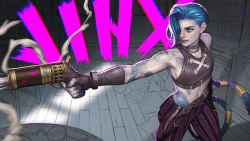 Rule 34 | arcane: league of legends, arcane jinx, arm tattoo, bare shoulders, belt, black pants, blue eyes, blue hair, braid, brown belt, brown gloves, character name, closed mouth, commentary, crop top, dorkartist, english commentary, fingerless gloves, from side, gloves, gun, hair over one eye, highres, holding, holding gun, holding weapon, indoors, jinx (league of legends), league of legends, long hair, outstretched arm, pants, pink pants, solo, stomach tattoo, striped clothes, striped pants, tattoo, twin braids, weapon, wooden floor