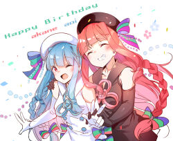 Rule 34 | 2girls, absurdres, ajishio, bare shoulders, blue hair, braid, buttons, closed eyes, comic, double-breasted, dress, elbow gloves, gloves, hand on another&#039;s shoulder, happy birthday, hat, highres, interlocked fingers, kotonoha akane, kotonoha aoi, long hair, multiple girls, one eye closed, open mouth, pink hair, red eyes, sleeveless, sleeveless dress, smile, teeth, upper body, voiceroid