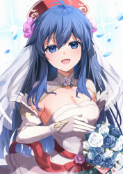Rule 34 | 1girl, armpit crease, beret, blue eyes, blue flower, blue hair, blue petals, blue rose, bouquet, breasts, bridal gauntlets, bride, cleavage, commentary request, detached collar, detached sleeves, dress, eyebrows hidden by hair, falling petals, fire emblem, fire emblem: the binding blade, fire emblem heroes, flower, hair between eyes, hat, highres, holding, holding bouquet, lilina (bridal) (fire emblem), lilina (fire emblem), long hair, looking at viewer, medium breasts, nakabayashi zun, nintendo, official alternate costume, petals, red hat, red sash, rose, sash, sidelocks, signature, simple background, solo, strapless, strapless dress, upper body, very long hair, wedding dress, white dress, white flower, white rose