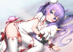 Rule 34 | 1girl, ahoge, azur lane, bare back, bed, black bow, black ribbon, blush, bow, bun cover, chestnut mouth, china dress, chinese clothes, cowboy shot, hugging doll, double bun, dress, dutch angle, flower, hair bun, halterneck, highres, looking at viewer, lying, midriff peek, nedia (nedia region), no panties, hugging object, on side, one side up, pelvic curtain, purple eyes, purple hair, ribbon, short sleeves, side bun, side slit, solo, stuffed animal, stuffed toy, stuffed unicorn, stuffed winged unicorn, thighhighs, unicorn (azur lane), unicorn (the gift of spring) (azur lane), white dress, white thighhighs, wrist cuffs