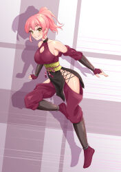 Rule 34 | 1girl, absurdres, bare shoulders, breasts, clothing request, fingerless gloves, from side, full body, gloves, grey background, grin, highres, idolmaster, idolmaster cinderella girls, jougasaki mika, large breasts, ninja, pink hair, ponytail, ribbon, shiny skin, smile, solo, tanjunde, teeth, two-tone background