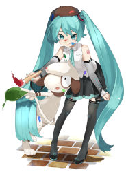 Rule 34 | 1girl, absurdres, boots, brown headwear, collared shirt, commentary, creatures (company), crossover, detached sleeves, eyelashes, game freak, gen 2 pokemon, green eyes, green nails, green neckwear, hat, hatsune miku, highres, holding, holding paintbrush, knees, leaning forward, long hair, nail polish, neck ribbon, nintendo, paint, paintbrush, pleated skirt, pokemon, pokemon (creature), reirou (chokoonnpu), ribbon, shirt, skirt, sleeveless, sleeveless shirt, smeargle, standing, symbol-only commentary, thigh boots, thighhighs, twintails, vocaloid, white shirt