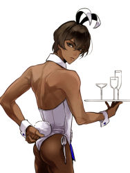 Rule 34 | 1boy, animal ears, arjuna (fate), back, brown eyes, brown hair, corset, crossdressing, dark-skinned male, dark skin, detached collar, fake animal ears, fate/apocrypha, fate/grand order, fate (series), from behind, leotard, male focus, male playboy bunny, pantyhose, playboy bunny, rabbit ears, rabbit tail, simple background, solo, strapless, strapless leotard, tail, white background, wrist cuffs, zuwai kani