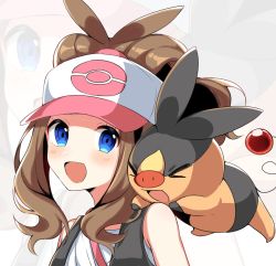 Rule 34 | 1girl, :d, antenna hair, bare arms, baseball cap, blue eyes, blush, brown hair, commentary, commission, creatures (company), english commentary, eyelashes, game freak, gen 5 pokemon, hat, hilda (pokemon), long hair, looking at viewer, nintendo, on shoulder, open clothes, open mouth, open vest, pink headwear, pokemon, pokemon (creature), pokemon bw, pokemon on shoulder, shirt, sidelocks, smile, snowsakurachan, tepig, tongue, vest, white shirt, zoom layer