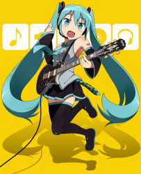 Rule 34 | 1girl, aqua eyes, aqua hair, arieko, boots, detached sleeves, electric guitar, guitar, hatsune miku, headphones, headset, instrument, jumping, long hair, looking at viewer, open mouth, skirt, smile, solo, thigh boots, thighhighs, twintails, very long hair, vocaloid, yellow background, zettai ryouiki