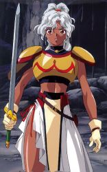 Rule 34 | 1girl, armor, arms at sides, cowboy shot, dark-skinned female, dark skin, hair between eyes, holding, holding sword, holding weapon, jewelry, narrow waist, necklace, parted bangs, pauldrons, pelvic curtain, rita (words worth), shoulder armor, solo, standing, sword, thighs, v-shaped eyebrows, wavy hair, weapon, wide-eyed, words worth, yellow armor