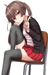 Rule 34 | 1girl, ahoge, black jacket, black thighhighs, blazer, breasts, brown hair, chair, closed mouth, head tilt, highres, jacket, knee up, long hair, long sleeves, looking at viewer, miniskirt, open clothes, open jacket, original, pleated skirt, red eyes, red skirt, school chair, school uniform, shirt, simple background, sitting, skirt, small breasts, smile, solo, thighhighs, twintails, v, white background, white shirt, wing collar, yakob labo, zettai ryouiki