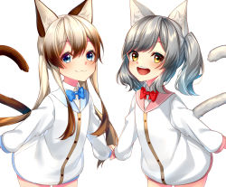 Rule 34 | 2girls, :3, :d, animal ear fluff, animal ears, blue bow, blue eyes, blue sailor collar, blush, bow, bowtie, brown eyes, brown hair, cat ears, cat girl, cat tail, closed mouth, collared shirt, commentary request, cowboy shot, dress shirt, grey hair, hair between eyes, highres, jacket, leaning forward, light brown hair, long hair, long sleeves, looking at viewer, multicolored hair, multiple girls, open mouth, original, pink sailor collar, puffy long sleeves, puffy sleeves, red neckwear, round teeth, rukinya (nyanko mogumogu), sailor collar, shadow, shirt, sleeves past wrists, smile, standing, tail, tail raised, teeth, twintails, two-tone hair, upper teeth only, very long hair, white background, white jacket, white shirt