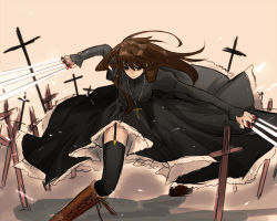 Rule 34 | 1girl, bad id, bad pixiv id, black keys (type-moon), boots, brown hair, cassock, cross, cross-laced footwear, cross necklace, dual wielding, fate/stay night, fate/zero, fate (series), field of blades, fighting stance, garter straps, gender request, genderswap, holding, jewelry, knee boots, kotomine kirei, lace-up boots, long hair, long skirt, nagoneharuki, necklace, planted sword, planted, skirt, solo, sword, thighhighs, weapon