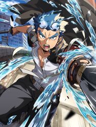 Rule 34 | 1boy, bandages, bara, blue fire, blue hair, cross scar, dual wielding, facial scar, fiery horns, fighting stance, fire, foreshortening, forked eyebrows, gakuran, hair slicked back, highres, holding, holding sword, holding weapon, horns, hydrokinesis, jacket, jacket on shoulders, looking at viewer, male focus, motion lines, nizitaro, open mouth, pectoral cleavage, pectorals, sakimori toji, scar, scar on cheek, scar on face, school uniform, shirt, solo, sword, thick eyebrows, tokyo houkago summoners, water, weapon, white shirt