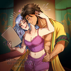 Rule 34 | 1boy, 1girl, bare arms, bare shoulders, beard, blue hair, breasts, brown hair, camisole, claude von riegan, cleavage, closed eyes, commentary request, cowboy shot, crop top, facial hair, fire emblem, fire emblem: three houses, gzei, highres, holding, indoors, long hair, marianne von edmund, medium breasts, midriff, navel, nintendo, open clothes, open shirt, shirt, short sleeves, spaghetti strap, standing, stomach, yellow shirt