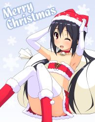 Rule 34 | 1girl, animal hat, armpits, black hair, brown eyes, christmas, elbow gloves, gloves, hat, highres, k-on!, k10k, long hair, midriff, nakano azusa, one eye closed, santa costume, solo, strapless, thighhighs, tube top, twintails, white gloves, wink